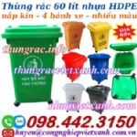 Thùng rác 60 lít nhựa HDPE - nắp kín - 4 bánh xe - nhiều màu phân loại rác